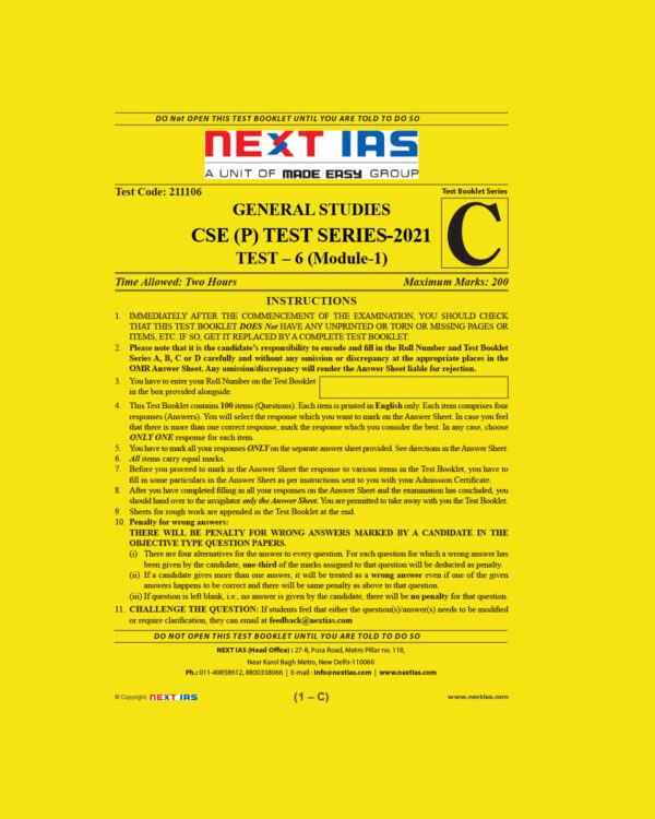 NEXT IAS GENERAL STUDIES CSE (P) TEST-6 TEST SERIES 2021