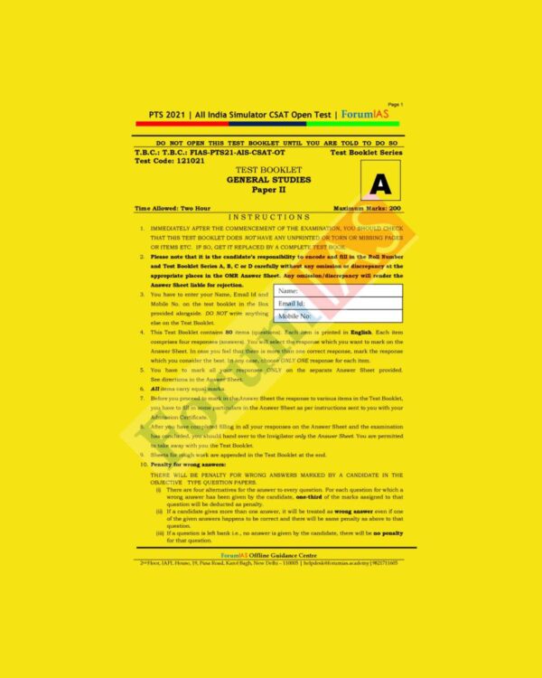 FORUM IAS -  PTS 2021 - ALL INDIA  SIMULATOR CSAT OPEN TEST - TEST BOOKLET - GENERAL STUDIES - PAPER - II