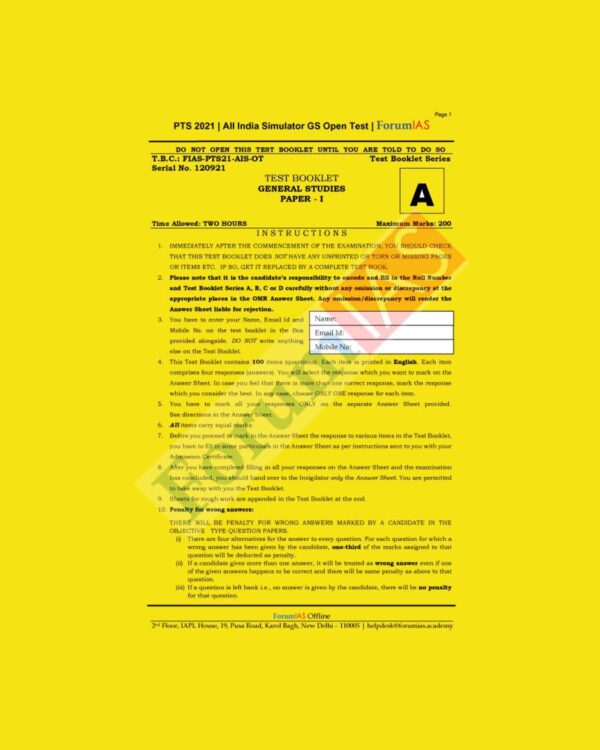 FORUM IAS -  PTS 2021 - ALL INDIA  SIMULATOR GS OPEN TEST - TEST BOOKLET - GENERAL STUDIES - PAPER - 1