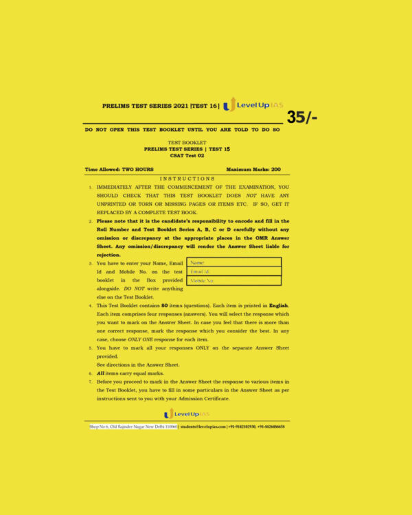 LEVELUP IAS - PRELIMS TEST SERIES 2021 -TEST-15  - TEST BOOKLET - GS TEST   - 2