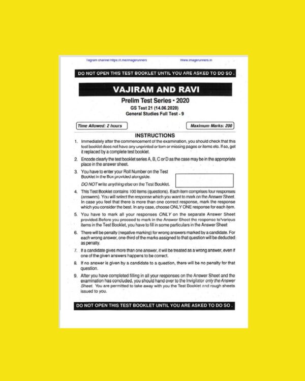 VAJIRAM AND RAVI GS TEST-21 ( 14 -06- 2020)  GENERAL STUDIES FULL TEST-9