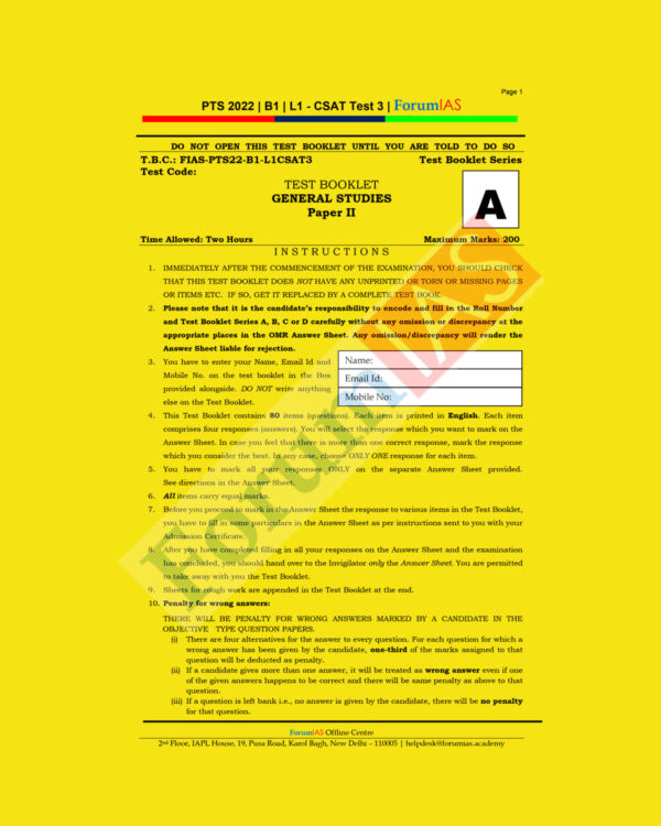 FORUM IAS 2022 GENERAL STUDIES BATCH-B-1, L-1- CSAT-TEST-3 PTS 2022 (BLACK V& WHITE)