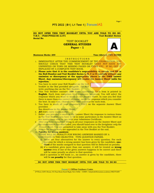 FORUM IAS GENERAL STUDIES BATCH-B-1, L-1- G.S.-TEST-1 TO TEST-6 PTS 2022 (BLACK & WHITE) GROUPED