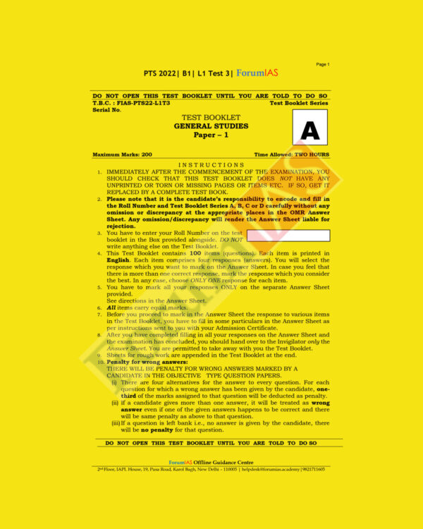 FORUM IAS GENERAL STUDIES BATCH-B-1, L-1- G.S.-TEST-3 PTS 2022 (BLACK & WHITE)