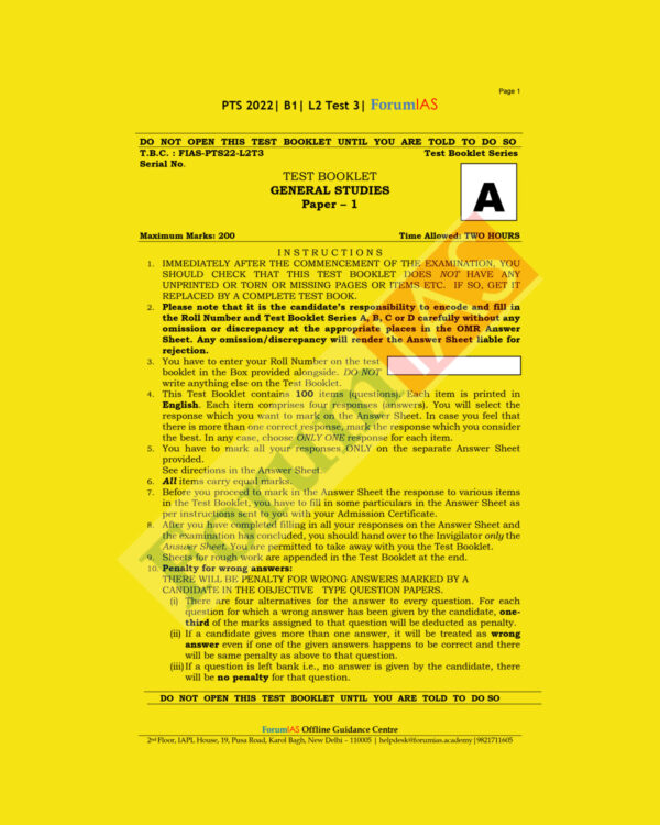 FORUM IAS GENERAL STUDIES BATCH-B-1, L-2- G.S-TEST-3 PTS 2022