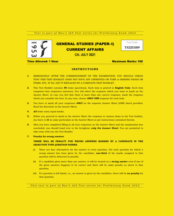 RAU’S IAS PRELIMS 2022 TEST-10 (GENERAL STUDIES PAPER-1) CURRENT AFFAIRS JULY 2021 (BLACK & WHITE)
