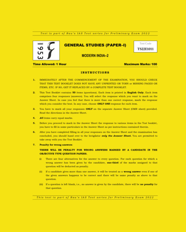 RAU’S IAS PRELIMS 2022 TEST-11 (GENERAL STUDIES PAPER-1) MODERN INDIA -2 2021 (BLACK &  WHITE)