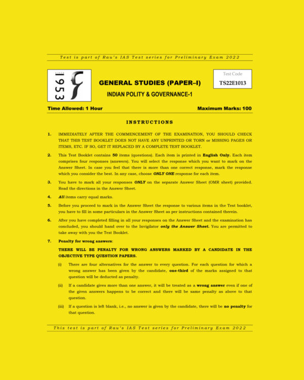 RAU’S IAS PRELIMS 2022 TEST-13 (GENERAL STUDIES PAPER-1) INDIAN POLITY & GOVERNANCE-1 2021 (BLACK & WHITE)