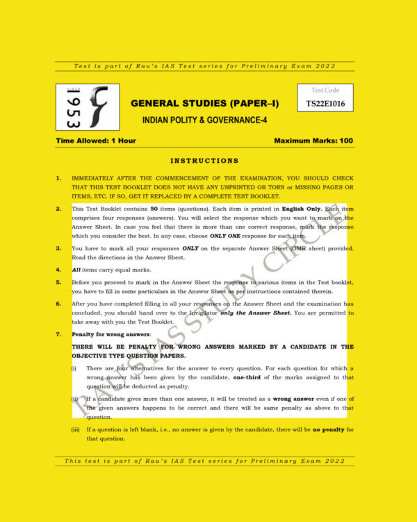 RAU’S IAS PRELIMS 2022 TEST-16 (GENERAL STUDIES PAPER-1) INDIAN POLITY & GOVERNANCE-4 2021 (BLACK & WHITE)