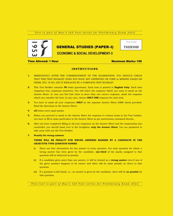 RAU’S IAS PRELIMS 2022 TEST-20 (GENERAL STUDIES PAPER-1) ECONOMY AND SOCIAL DEVELOPMENT-3 2021 (BLACK &  WHITE)