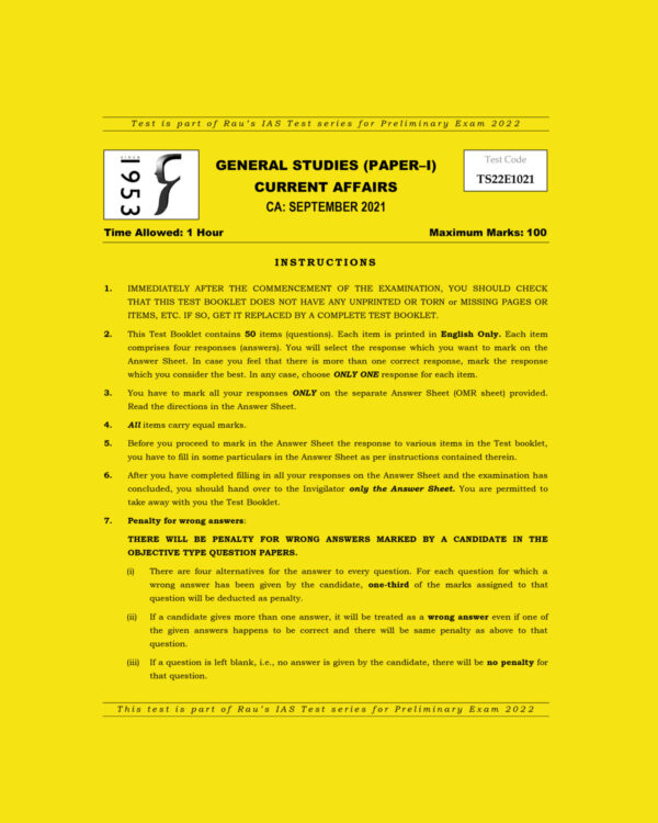 RAU’S IAS PRELIMS 2022 TEST-21 (GENERAL STUDIES PAPER-1) CURRENT AFFAIRS SEPTEMBER 2021 (BLACK &  WHITE)