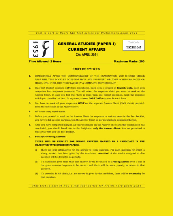 RAU’S IAS PRELIMS 2022 TEST-03 (GENERAL STUDIES PAPER-1) CURRENT AFFAIRS APRIL 2021 (BLACK &  WHITE)