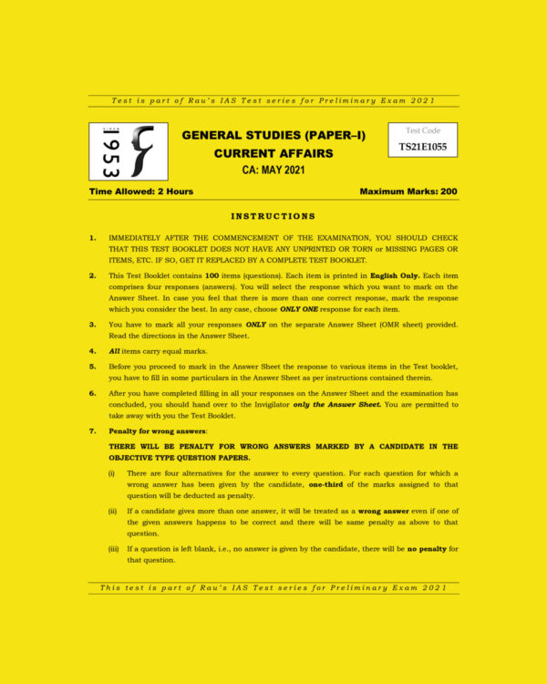 RAU’S IAS PRELIMS 2022 TEST-04 (GENERAL STUDIES PAPER-1) CURRENT AFFAIRS MAY 2021 (BLACK &  WHITE)