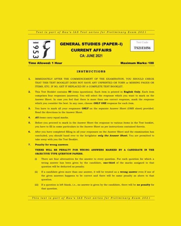 RAU’S IAS PRELIMS 2022 TEST-05 (GENERAL STUDIES PAPER-1) CURRENT AFFAIRS JUNE 2021 (BLACK &  WHITE)