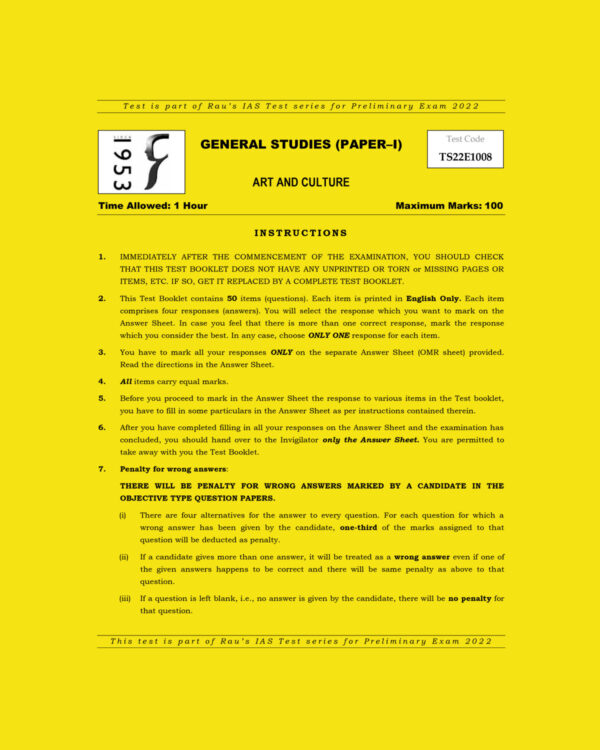 RAU’S IAS PRELIMS 2022 TEST-08 (GENERAL STUDIES PAPER-1) ART & CULTURE 2021 (BLACK &  WHITE)