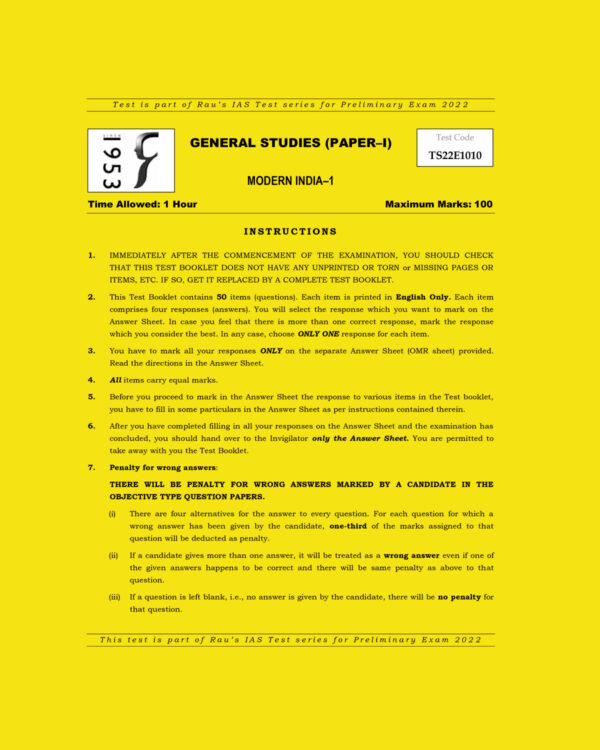 RAU’S IAS PRELIMS 2022 TEST-09 (GENERAL STUDIES PAPER-1) MODERN INDIA -1 2021 (BLACK & WHITE)