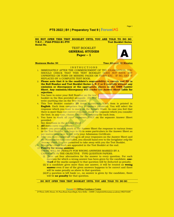 FORUM IAS 2022 PREPARATORY- TEST-09 PTS-2022-BATCH-1 (BLACK & WHITE)