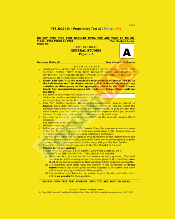 FORUM IAS 2022 PREPARATORY- TEST-27 PTS-2022-BATCH-1 (B & W)