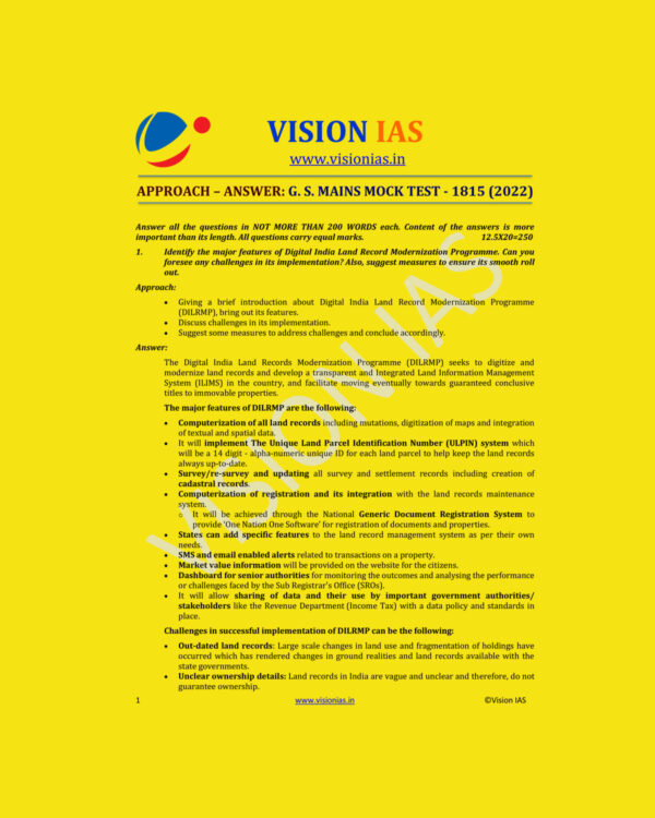 VISION IAS 2022 MODEL ANSWER APPROACH-ANSWER G.S MAINS MOCK TEST-1815  (2022) (MODEL PAPERS ) (BLACK & WHITE)