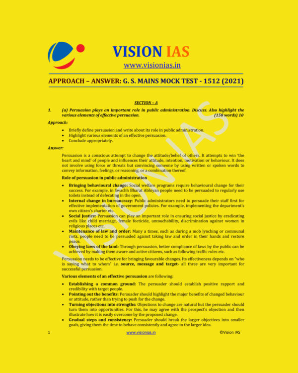 VISION IAS APPROACH ANSWER G.S. MAINS MOCK TEST- 1512 (2021) (MODEL PAPERS )(BLACK & WHITE)