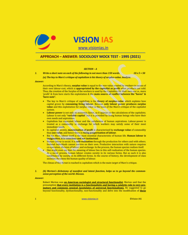 VISION IAS MODEL ANSWER SOCIOLOGY MOCK TEST-1995 (2021) BLACK & WHITE