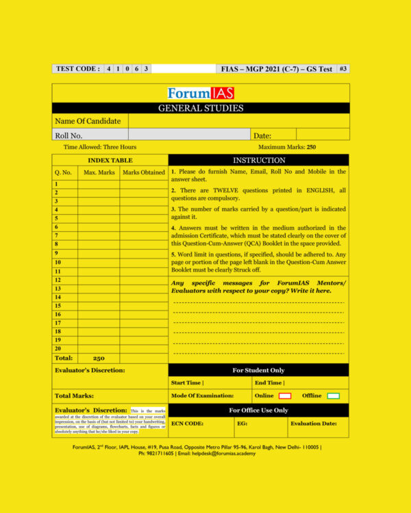 FORUMI IAS  MGP 2021 (COHORT-7)  (TEST CODE-41063) –G.S TEST-03 QUESTION –CUM- ANSWERS BOOKLET (BLACK & WHITE)