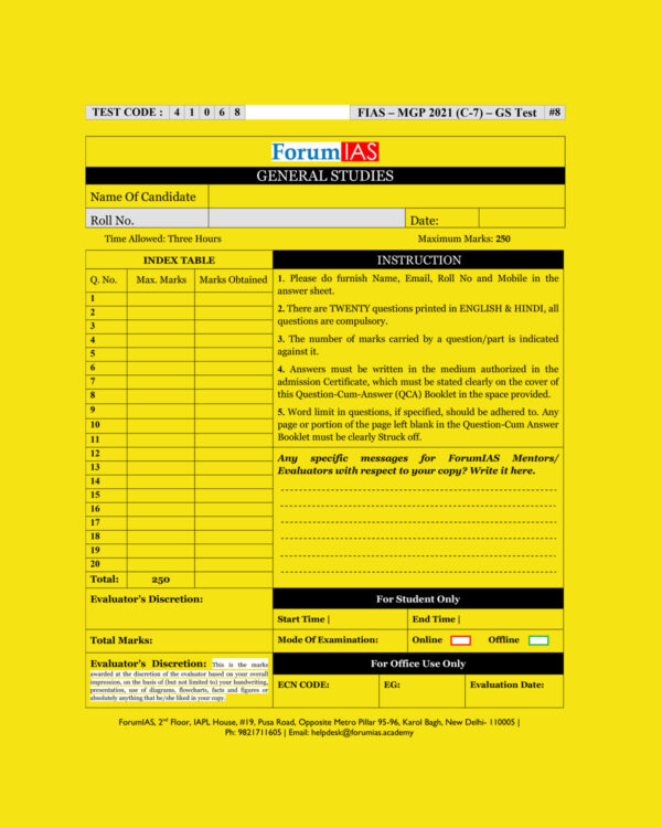 FORUMI IAS  MGP 2021 (COHORT-7)  (TEST CODE-41068) –G.S TEST-08 QUESTION –CUM- ANSWERS BOOKLET (BLACK & WHITE)