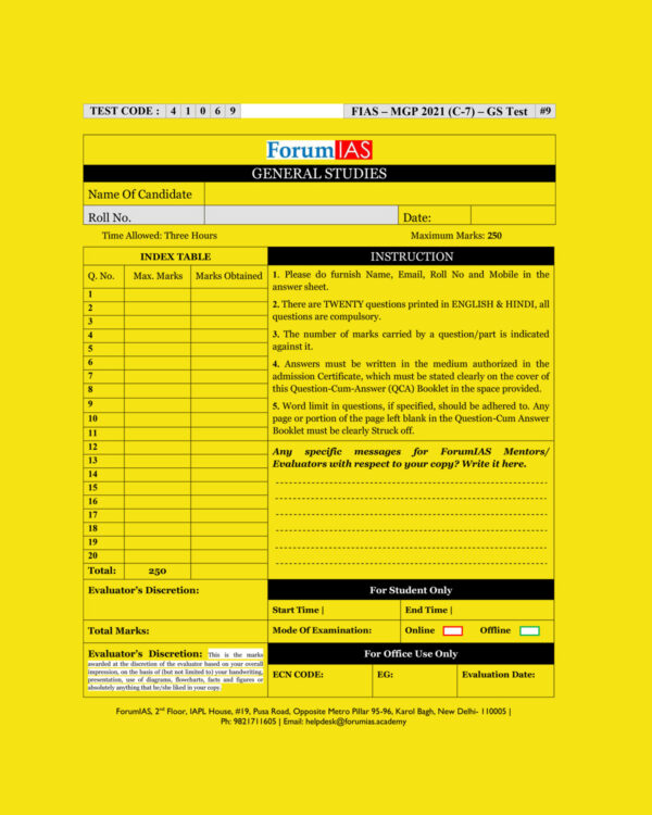 FORUMI IAS  MGP 2021 (COHORT-7)  (TEST CODE-41069) –G.S TEST-09 QUESTION –CUM- ANSWERS BOOKLET (BLACK & WHITE)