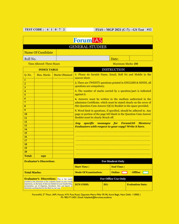 FORUMI IAS  MGP 2021 (COHORT-7)  (TEST CODE-41072) –G.S TEST-12 QUESTION –CUM- ANSWERS BOOKLET (BLACK & WHITE)