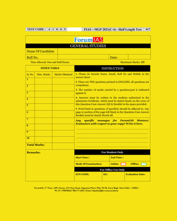 FORUMIAS MGP 2021(COHORT 4 ) HALF LENGTH  TEST-17 (2021) QUESTION –CUM- ANSWERS BOOKLET (BLACK & WHITE)