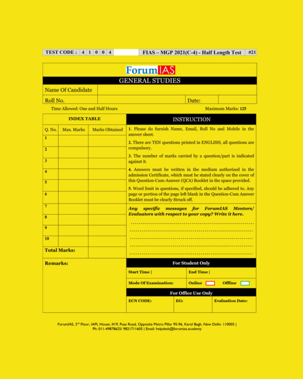 FORUMIAS MGP 2021(COHORT 4 ) HALF LENGTH  TEST-21 (2021) QUESTION –CUM- ANSWERS BOOKLET (BLACK & WHITE)