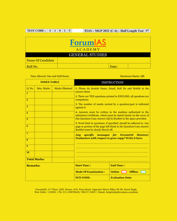 FORUMIAS MGP 2021(COHORT 4 ) HALF LENGTH  TEST-7 (2021) QUESTION –CUM- ANSWERS BOOKLET (BLACK & WHITE)