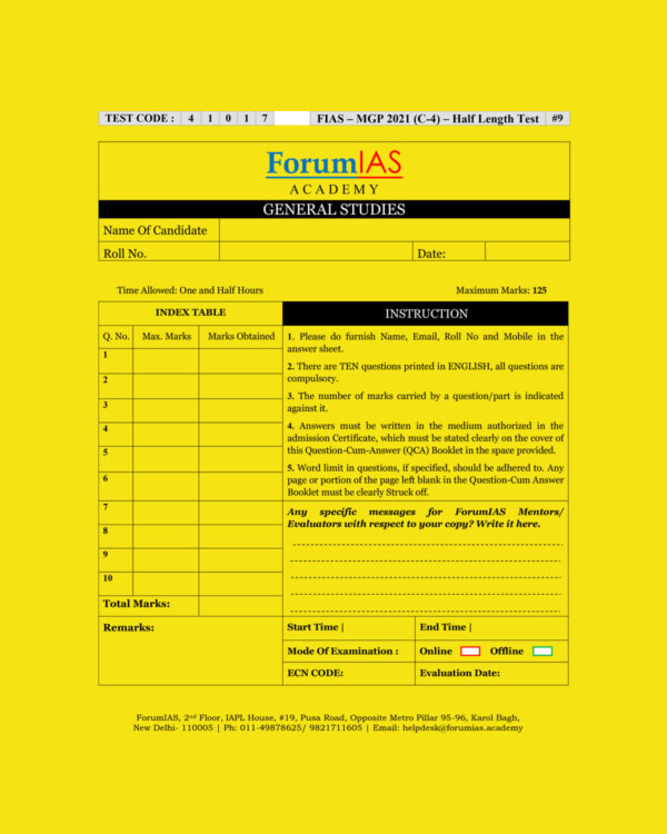FORUMIAS MGP 2021(COHORT 4 ) HALF LENGTH  TEST-9 (2021) QUESTION –CUM- ANSWERS BOOKLET (BLACK & WHITE)