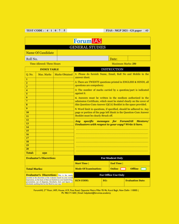 FORUMIAS MGP 2021(COHORT4 ) GS FULL LENGTH-TEST- PAPER TEST-41075 (2021)QUESTION-CUM-ANSWERS BOOKLET (BLACK & WHITE))