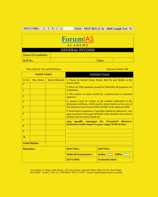 FORUMIAS MGP 2021(COHORT 4 ) HALF LENGTH  TEST-3 (2021) QUESTION –CUM- ANSWERS BOOKLET (BLACK & WHITE)