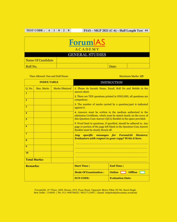 FORUMIAS MGP 2021(COHORT 4 ) HALF LENGTH  TEST-4 (2021) QUESTION –CUM- ANSWERS BOOKLET (BLACK & WHITE)