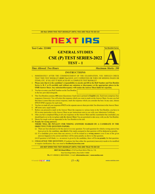 NEXT IAS 2022 PRELIMS TEST-1 TO TEST-30 (TEST CODE- 221001 TO TEST CODE- 221030) (BLACK & WHITE) GROUPED