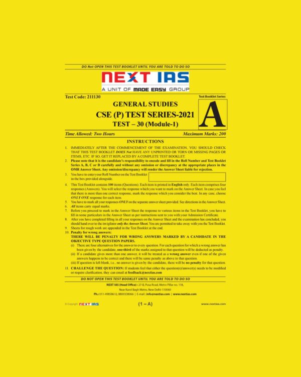 NEXT IAS GENERAL STUDIES CSE (P) TEST-30 TEST SERIES 2021 (BLACK & WHITE)