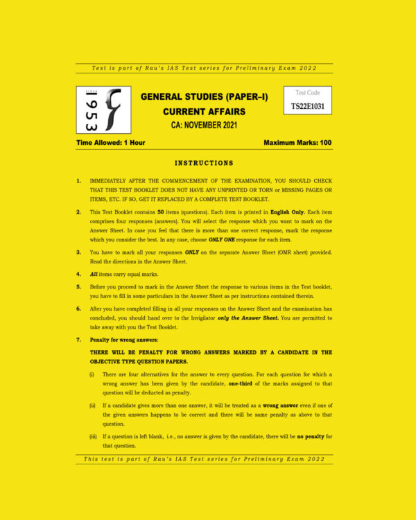 RAU’SIAS PRELIMS 2022 TEST-31 (GENERAL STUDIES PAPER-1) CURRENT AFFAIRS NOVEMBER 2021 (BLACK & WHITE)