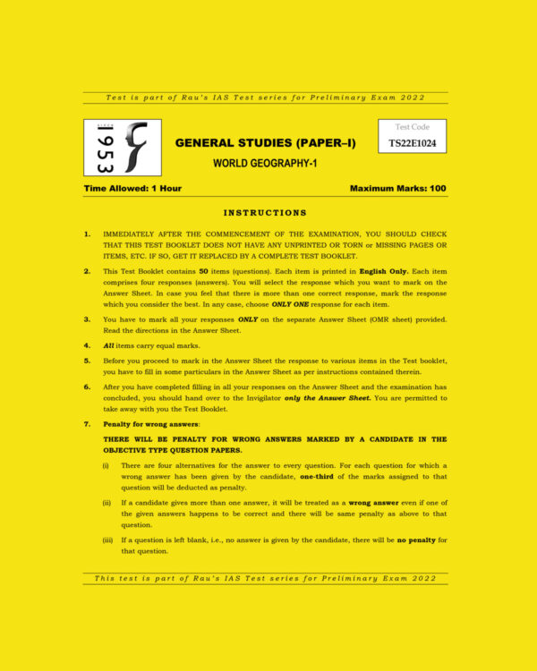 RAU’S IAS PRELIMS 2022 TEST-24 (GENERAL STUDIES PAPER-1) WORLD GEOGRAPHY -1 (BLACK & WHITE)