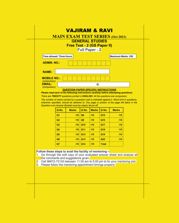 VAJIRAM & RAVI 2021 QCA TEST-2 (GS PAPER-II)FULL TEST -2 –QUESTION –CUM- ANSWERS BOOKLET (BLACK & WHITE)