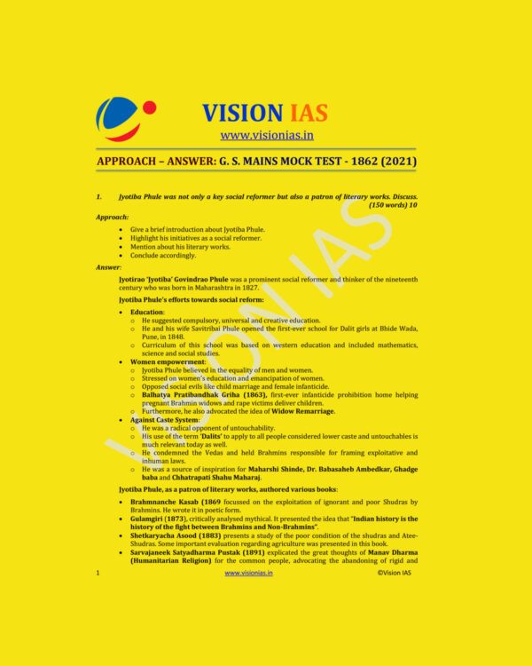 VISION IAS 2021 APPROACH ANSWER G.S MAINS MOCK TEST-1862 (2021) (MODEL PAPERS )(BLACK & WHITE)