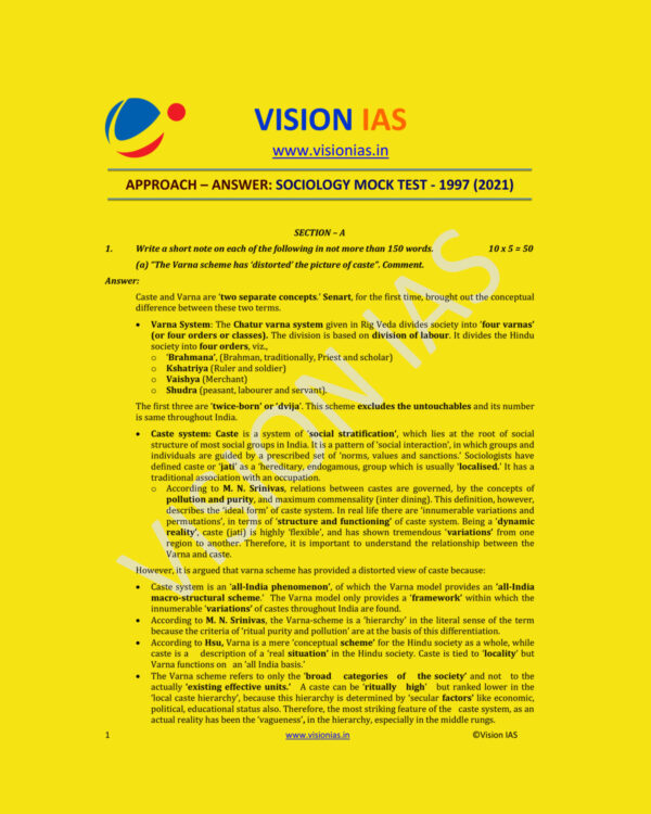 VISION IAS 2021 MODEL ANSWER APPROACH-ANSWER- SOCIOLOGY MOCK  TEST-1997 (2021) MODEL PAPER (BLACK & WHITE)