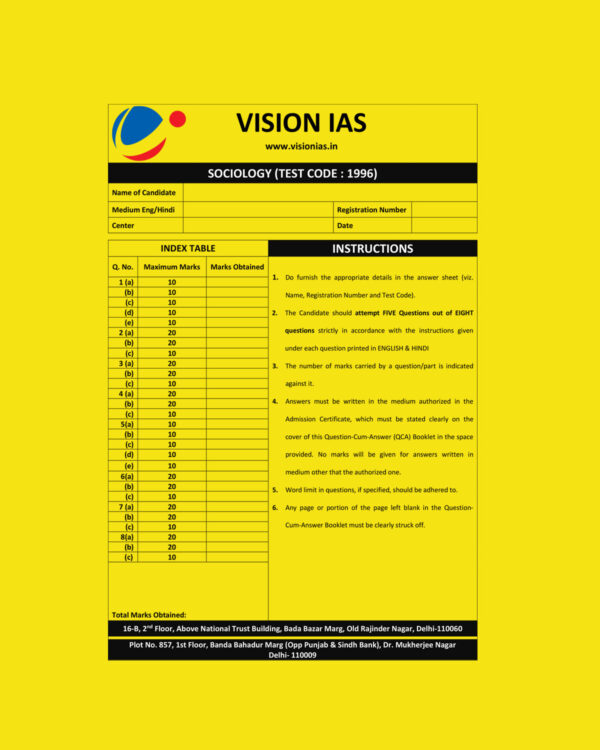 VISION IAS 2021 QCA APPROACH-ANSWER- SOCIOLOGY MOCK  TEST-1996 (2021) QUESTION-CUM-ANSWERS BOOKLET (BLACK & WHITE)