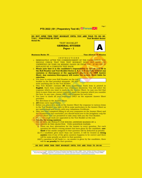 FORUM IAS 2022 PREPARATORY- TEST-46 (PTS-2022-BATCH-1) (BLACK &WHITE)