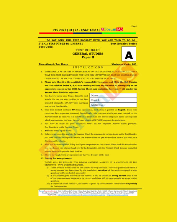 FORUM IAS GENERAL STUDIES 2022- PTS 2022 BATCH-B-1, L-3- CSAT-TEST-01 TO TEST-04 (BLACK & WHITE) GROUPED