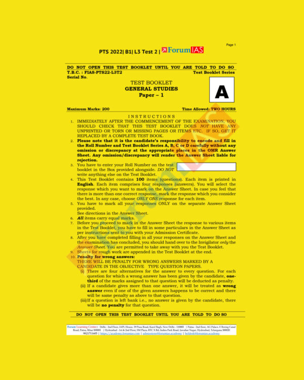 FORUM IAS GENERAL STUDIES 2022- PTS 2022 BATCH-B-1, L-3- GS-TEST-02 TO GS-TEST-07 (BLACK & WHITE) GROUPED