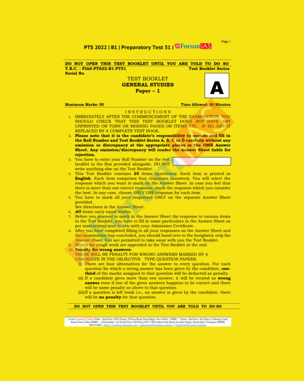 FORUM IAS 2022 PREPARATORY- TEST-51 (PTS-2022-BATCH-1) (BLACK &WHITE)