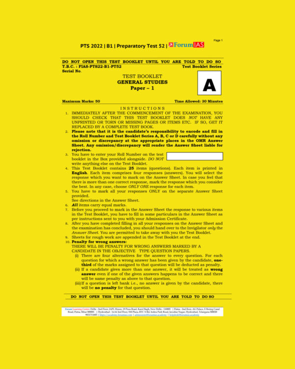 FORUM IAS 2022 PREPARATORY- TEST-52 (PTS-2022-BATCH-1) (BLACK &WHITE)