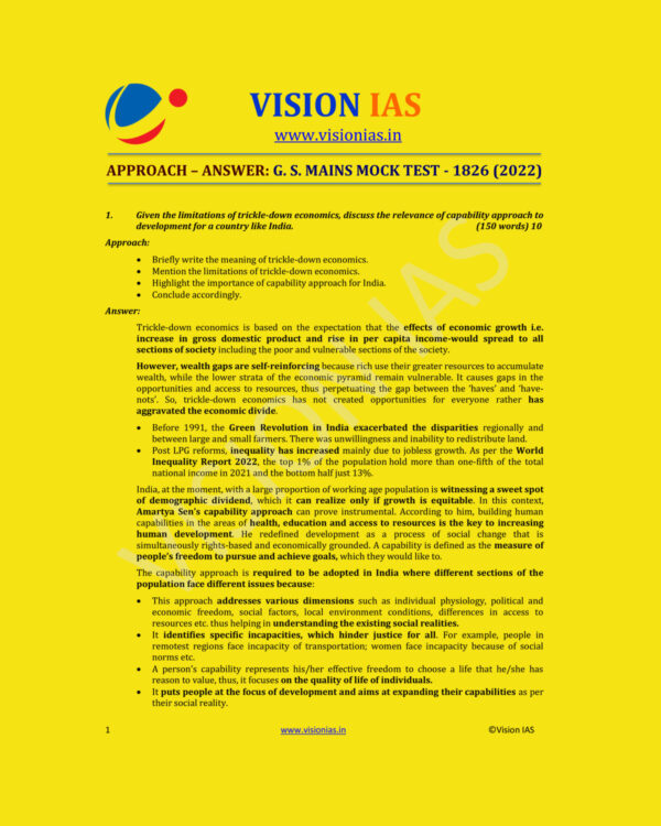 VISION IAS 2022 APPROACH ANSWER GS MAINS MOCK TEST-1826 (2022) (MODEL ANSWER ) (BLACK & WHITE)
